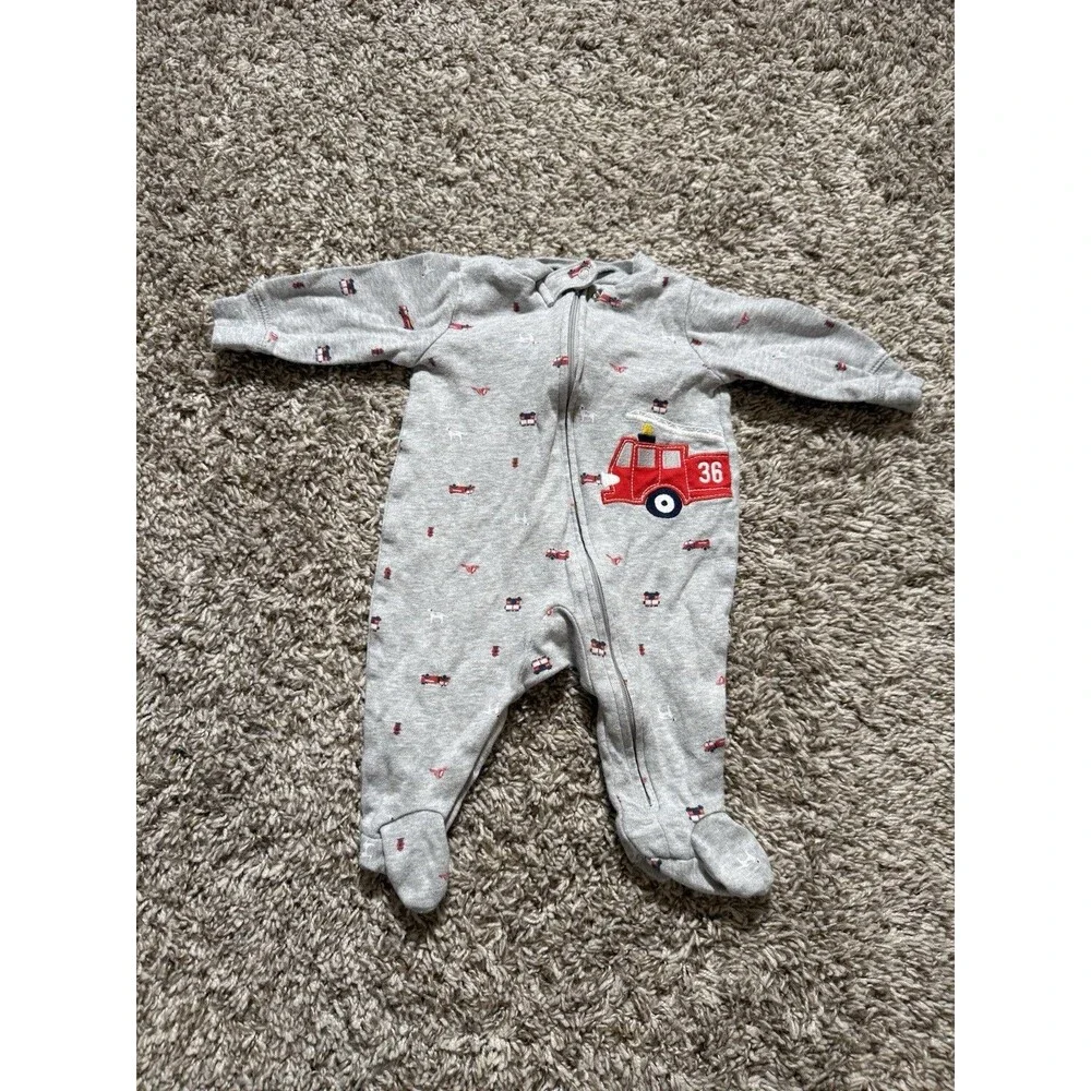 Carter’s Baby Boy Fire Truck Footed Sleeper Pajamas Gray 3M Zip-Up